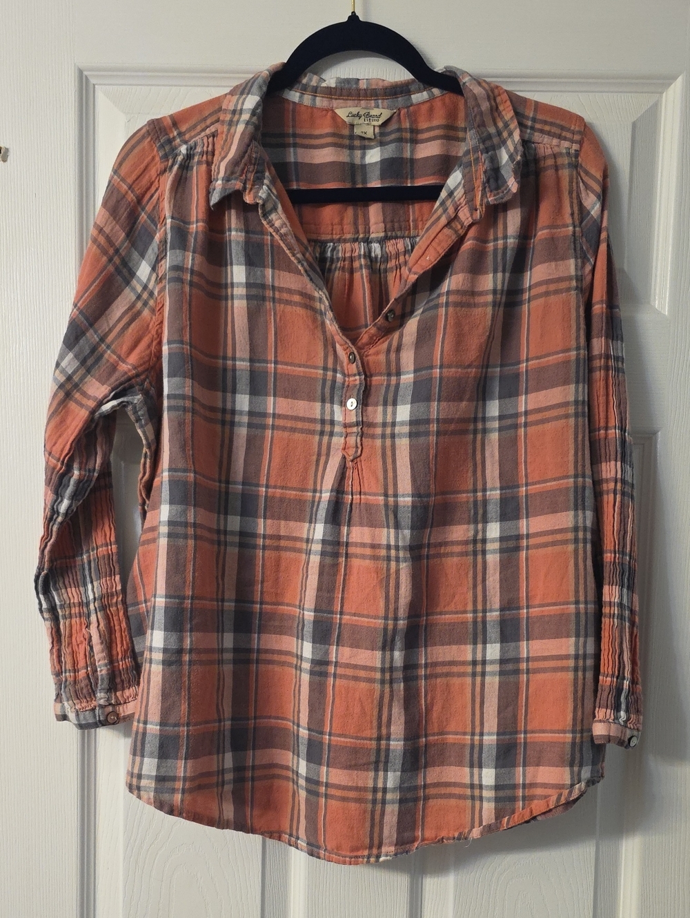 Lucky Brand Women's Peach Plaid Button-Front Pull Over Shirt